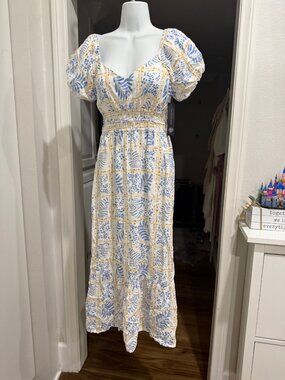 As U Wish Blue Tile Print Cutout Maxi Dress Small Puff Sleeve NWT